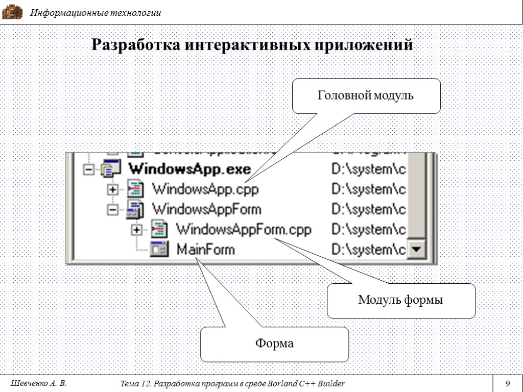 Информационные технологии Тема 12. Разработка программ в среде Borland C++ Builder 9 Разработка интерактивных